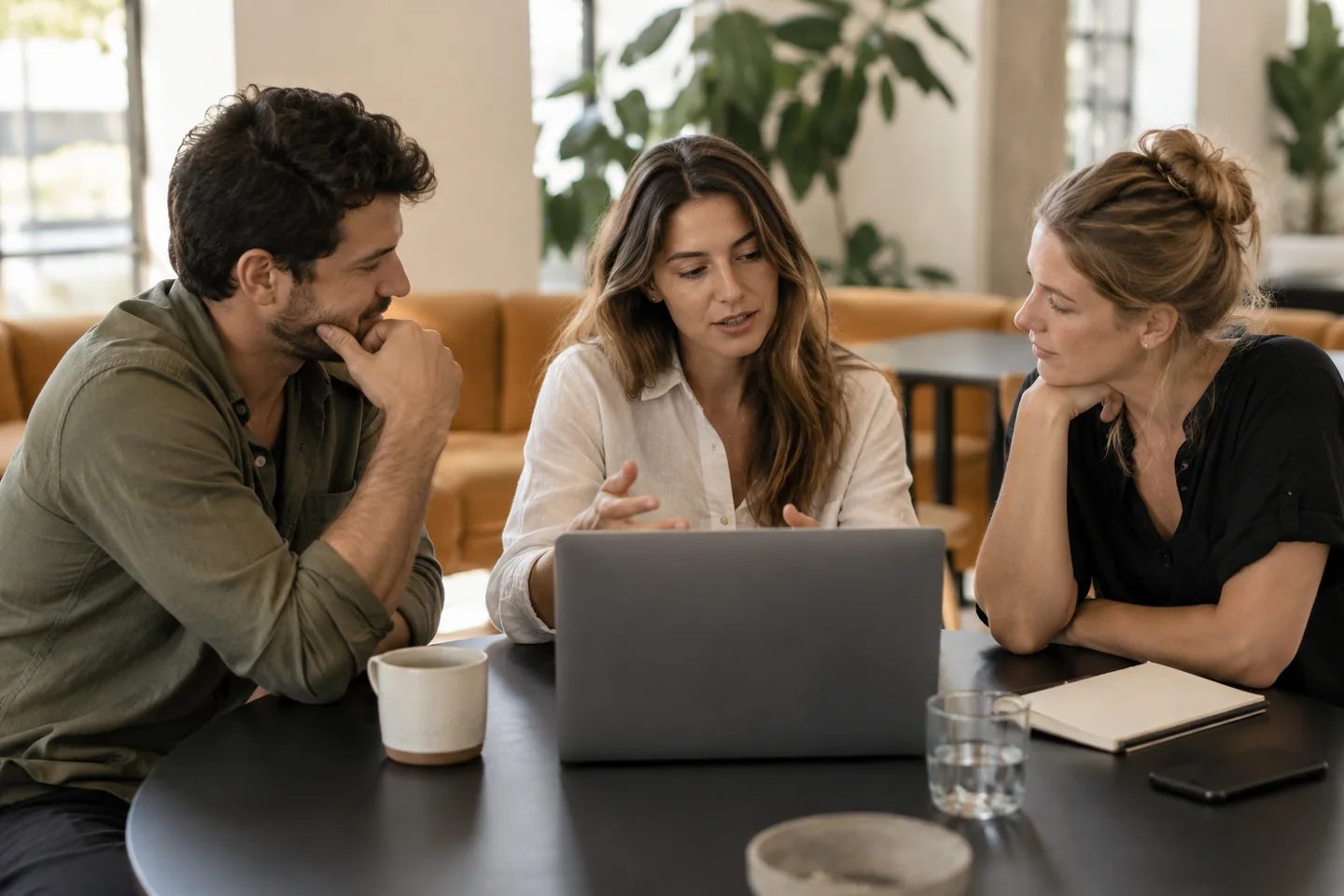 Friends discussing community communication around a laptop