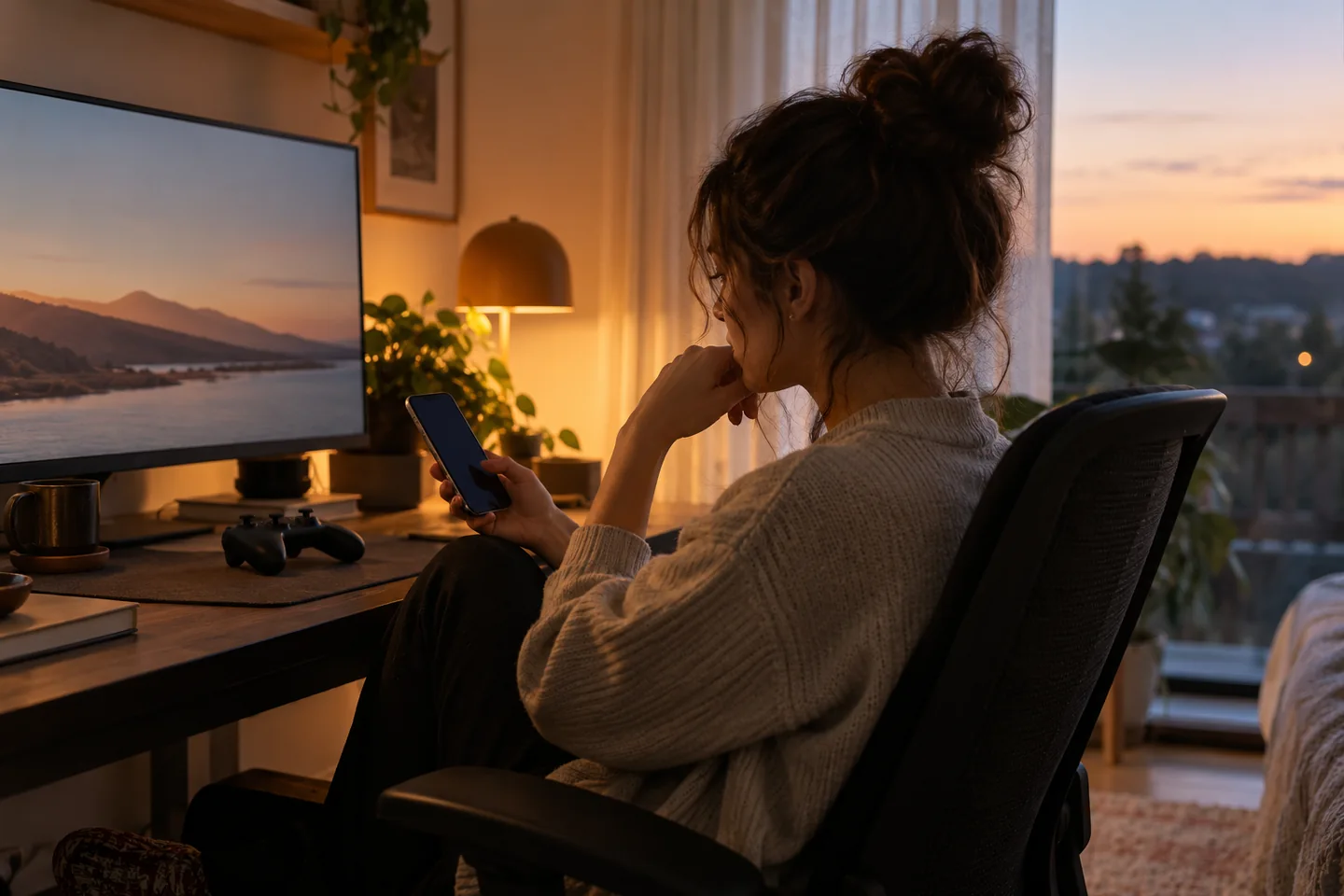 Adult pausing at a gaming desk with her phone