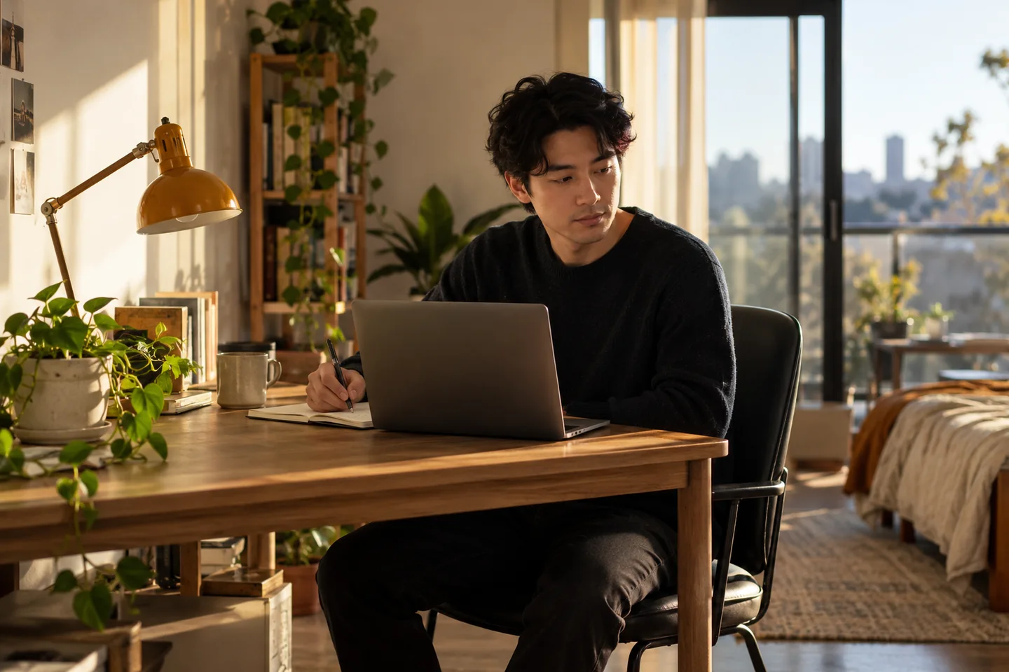 Man working thoughtfully at his apartment desk