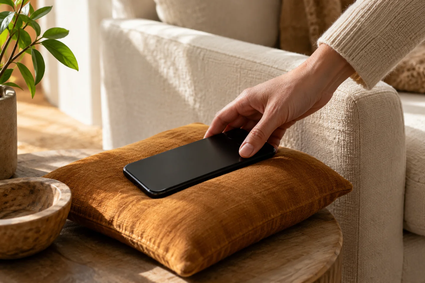 A phone resting privately on an ochre cushion