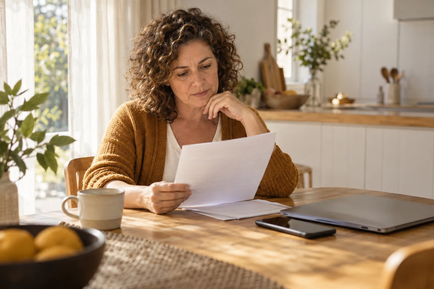 Woman reading provider conditions at a kitchen table
