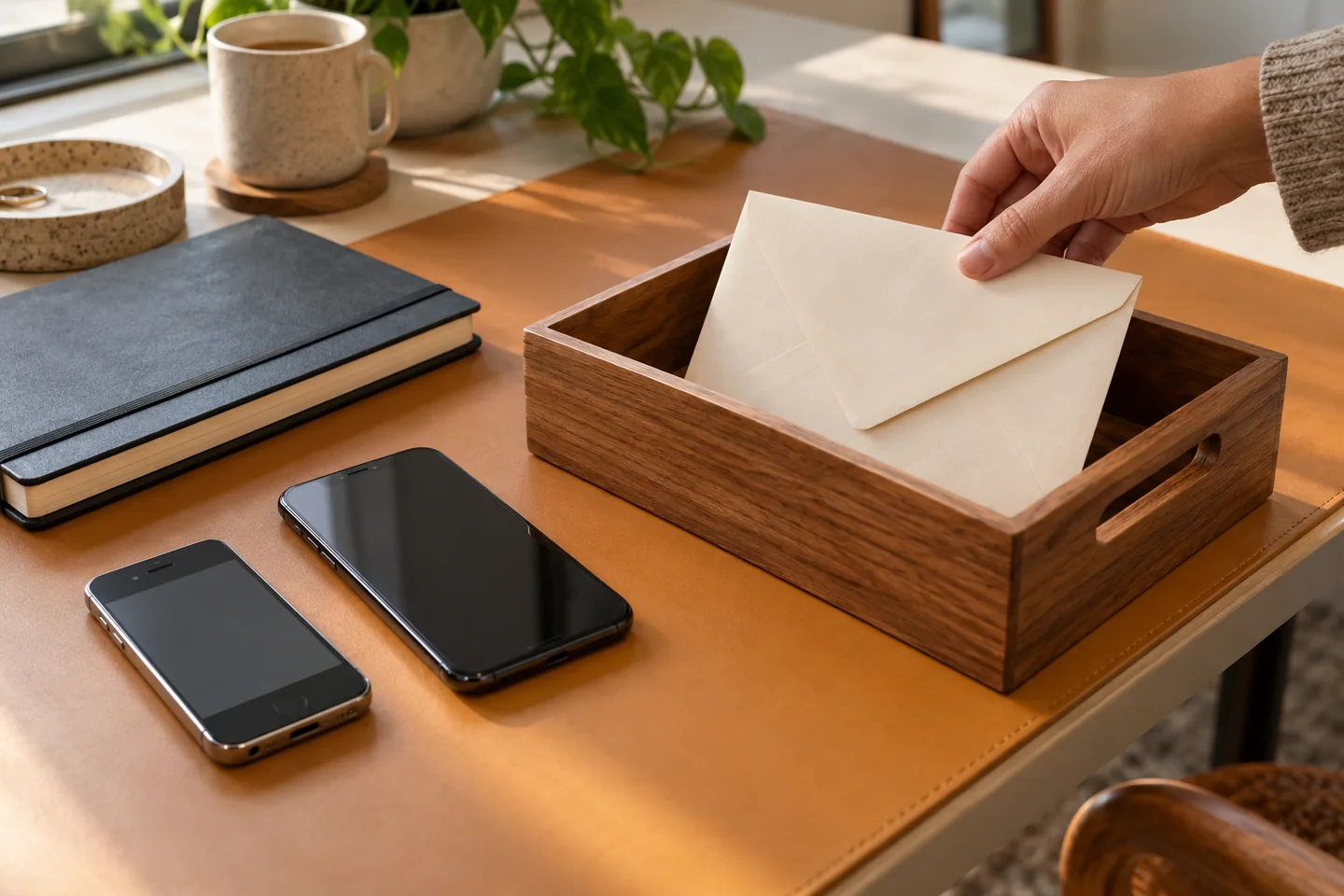 An envelope and notebooks stored beside two phones