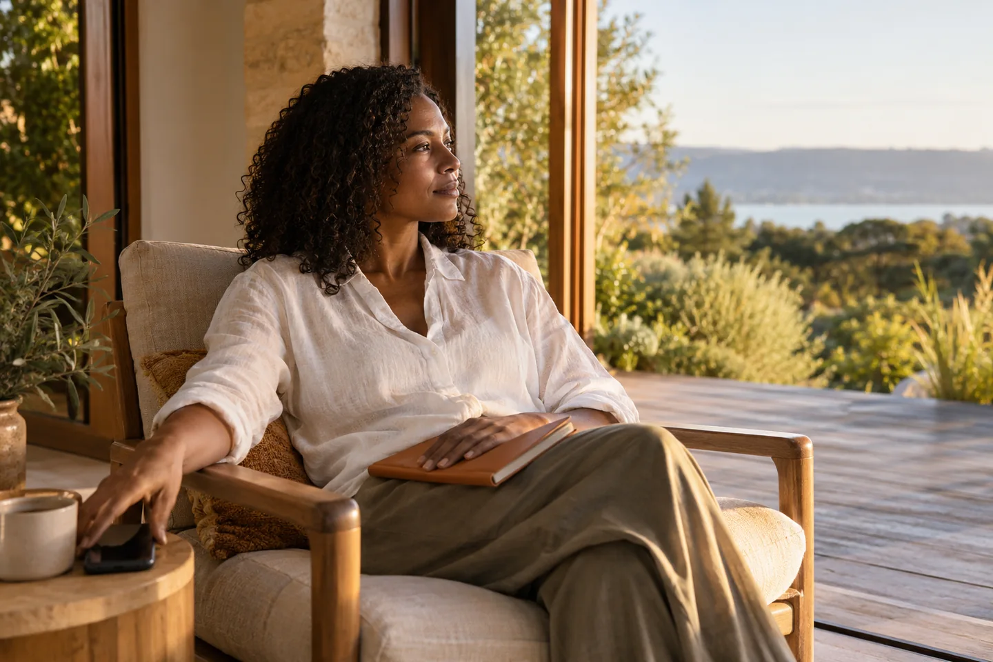 Woman setting her phone aside and reflecting near a veranda
